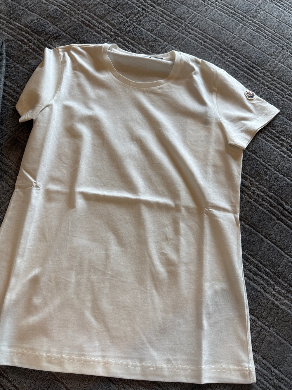 Moncler White Short-Sleeve Crewneck Tee with Sleeve Logo, Size Small